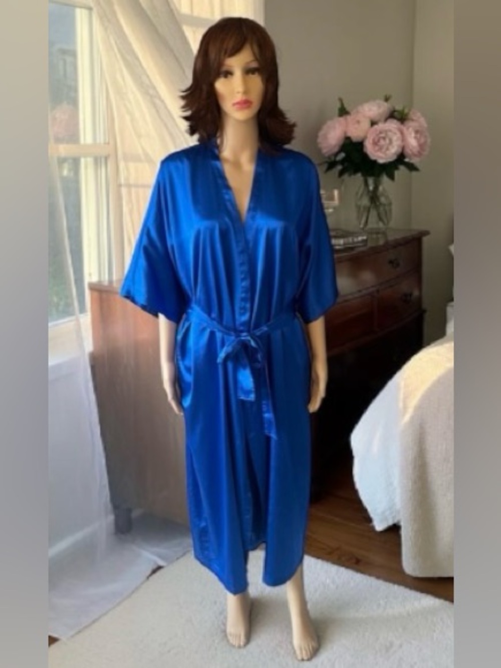 Morgan Taylor Vintage Kimono Style Robe in Royal Blue with Waist Tie